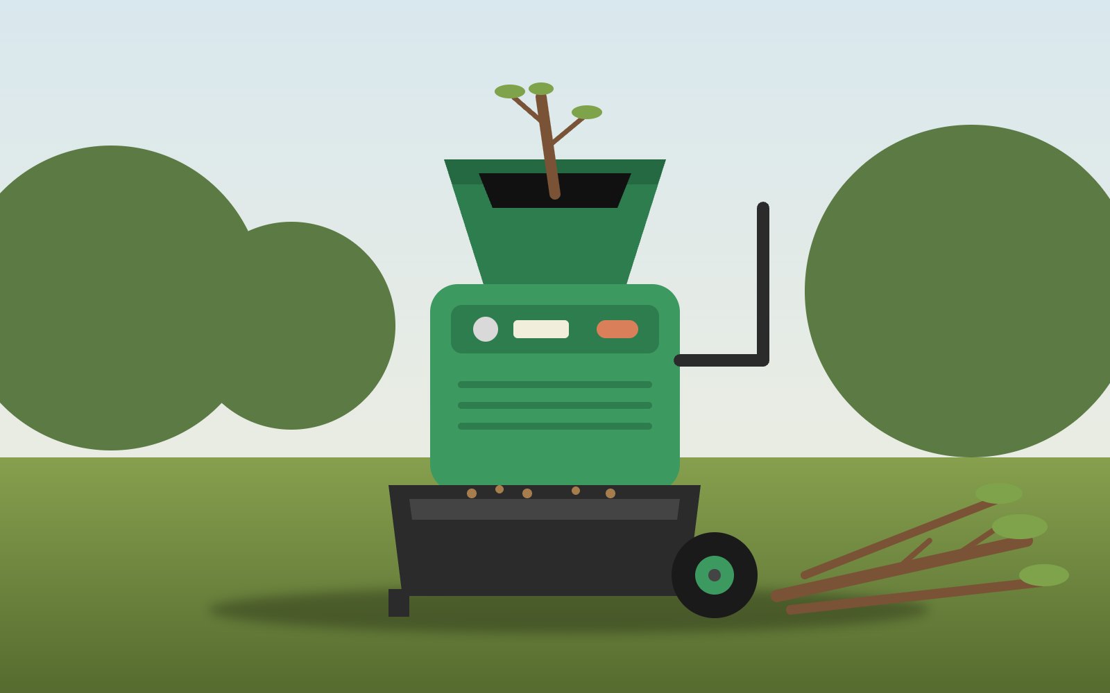 Elektrischer Gartenhäcksler mit Einfülltrichter und Auffangbox neben einem Haufen Äste
